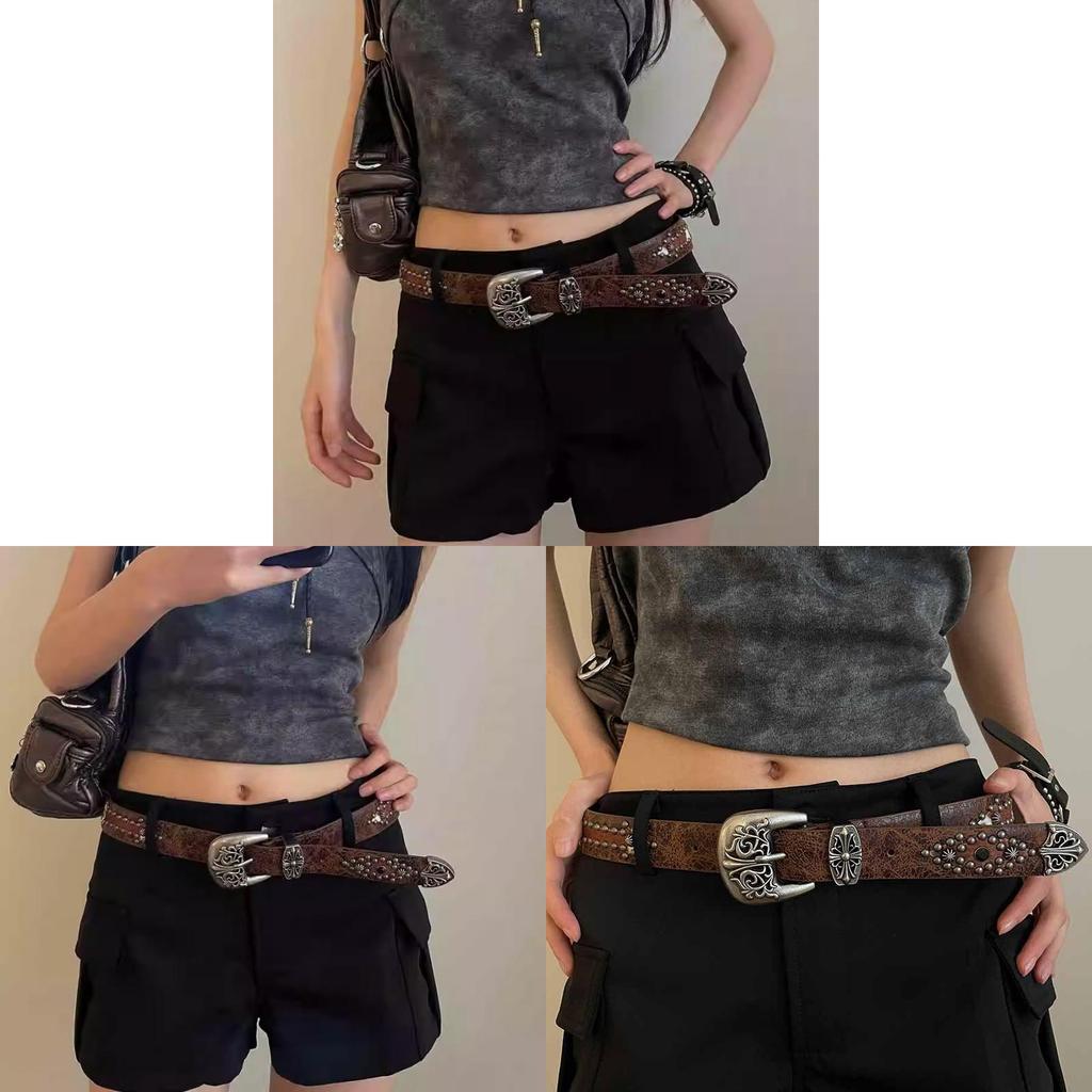Cintura in Pelle Marrone Incisa Retro per Donna con Fibbia in Lega per Jeans e Abbigliamento Casual