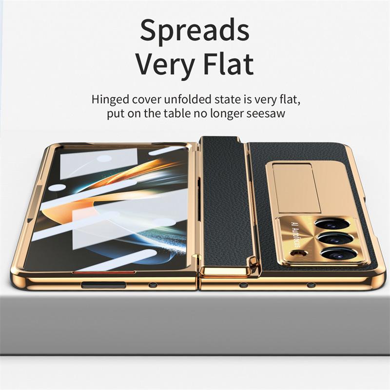 Full Protection Hinge Case for Samsung Galaxy Z Fold8 Ultra / 7 6 5 4 3 Plating PC+Leather Tempered Film Folding Kickstand Cover