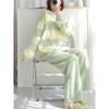 Green Stripe Pajamas Women's Autumn and Winter  Home Clothes Coral Fleece Thickened Outwear Suit You Can Wear It on The Street.