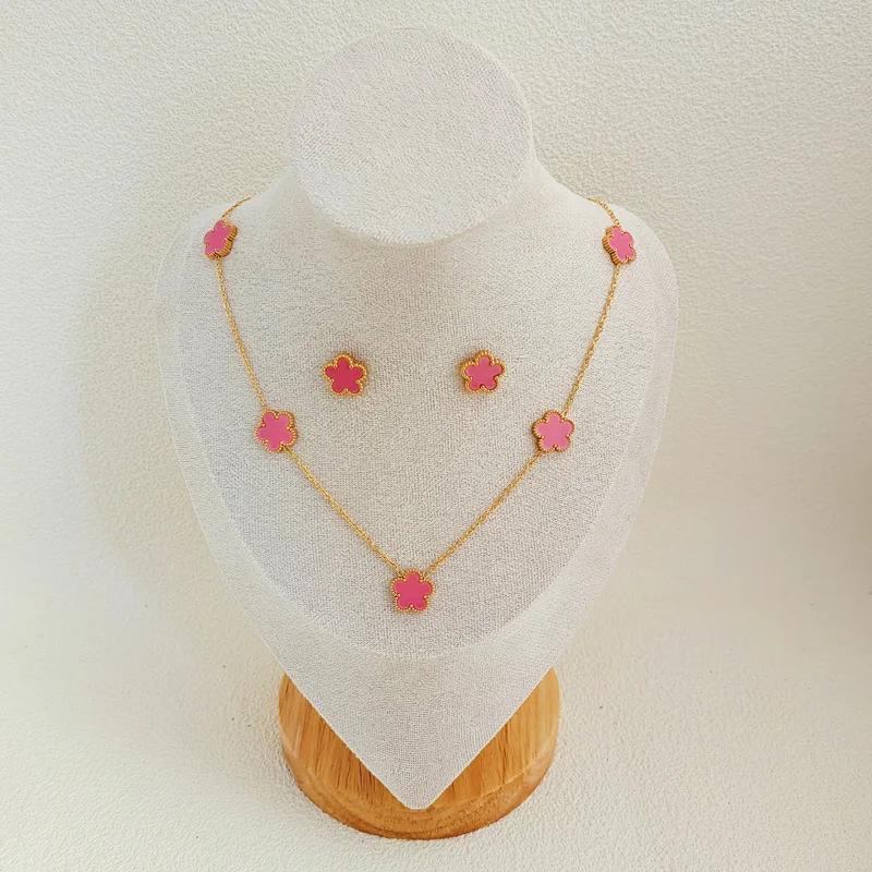 Double-sided Plant  Flower Necklace Earrings Zircon Set for Women Stainless Steel Water Proof Clover Zircon Gifts