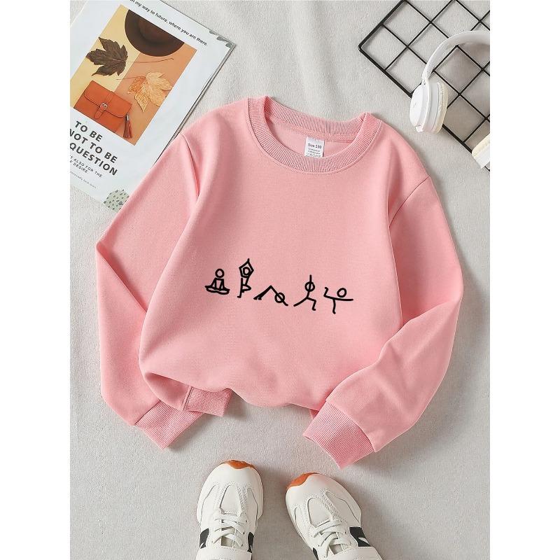 Kids Crewneck Sweatshirt, Yoga Stick Figure Graphic Print, Spring Autumn Casual Sport Tops