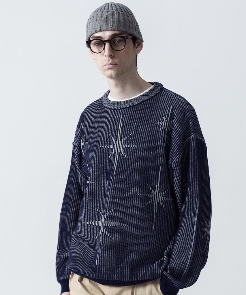STAGE NAME Two-Tone Winter Stars Round Neck Oversized Knit_Navy