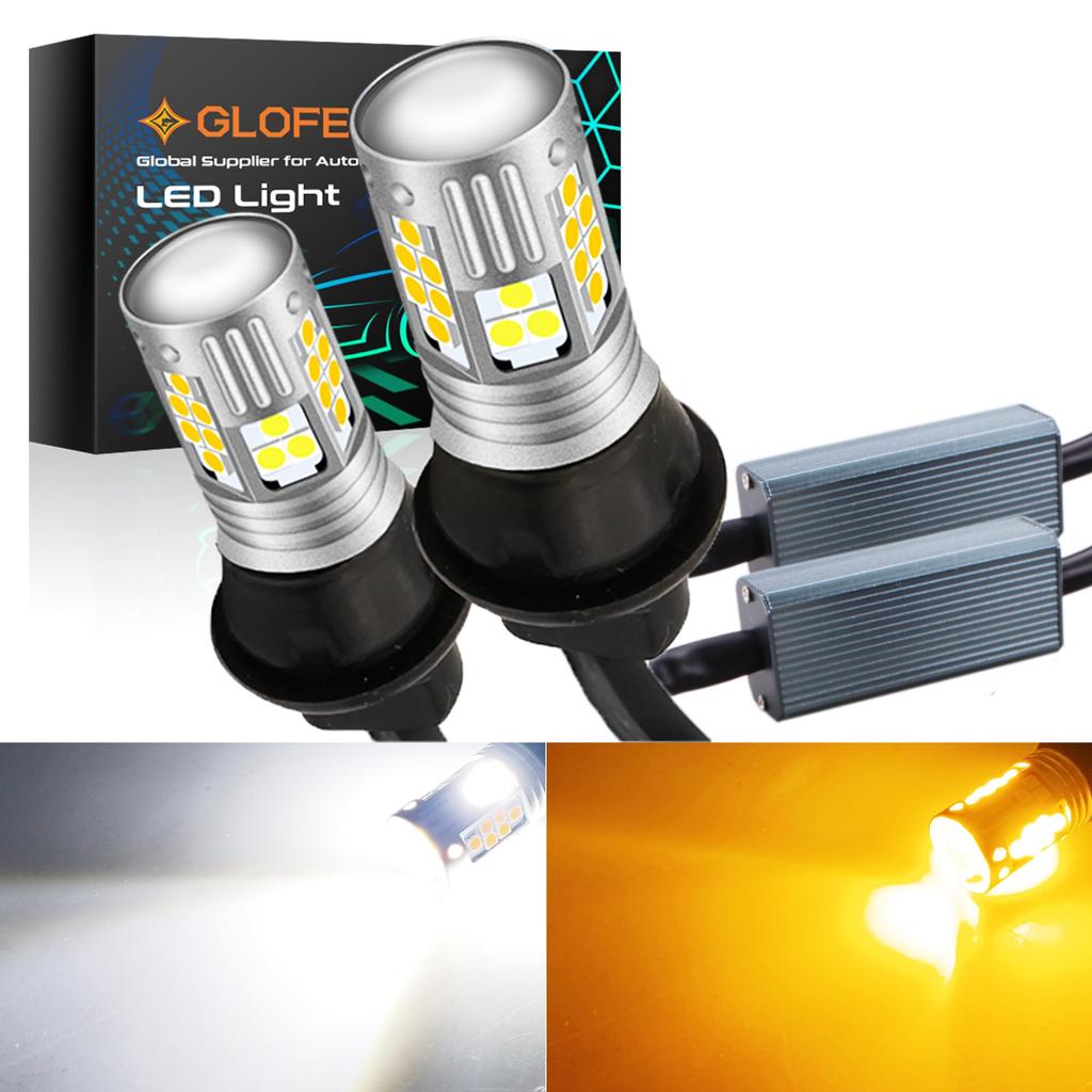 GLOFE 7443 7444 3030SMD Dual Color Type 2 Switchback DRL LED Turn Signal Light Bulbs with Hyper Flash Prevention and Error-Free Built-in Resistors,