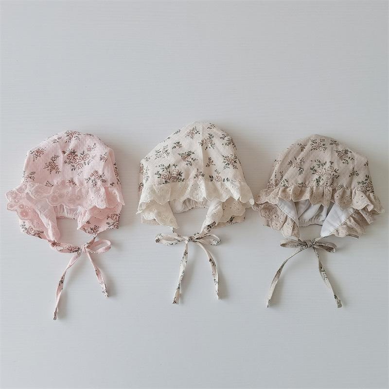 Princess Baby Ruffle Court Hat Lace-up Beanie Flower Print Infant Headgear Bonnet Kids Photo Props 0-12M Toddler Sunscreen Visors