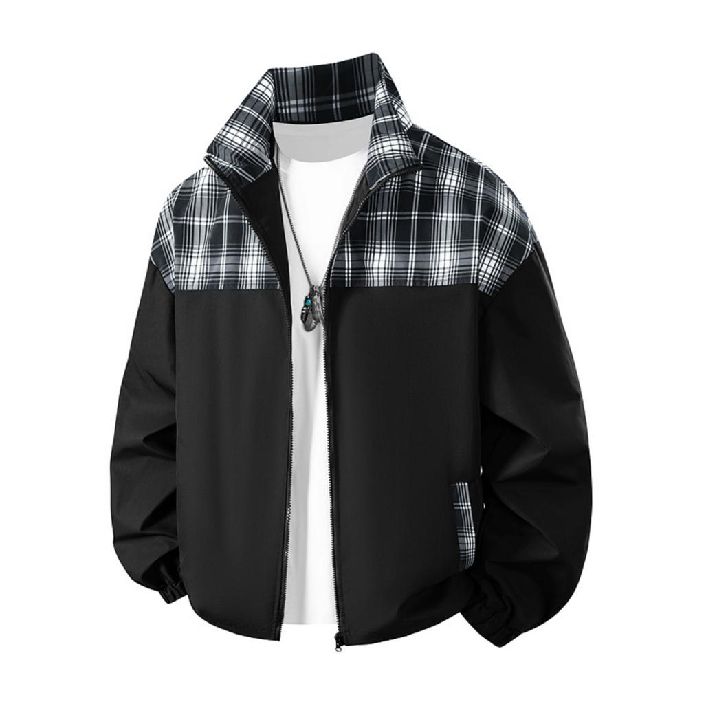 Men's Casual Color-blocked Two-sided Jacket, Men's Loose Patchwork Checkered Jacket