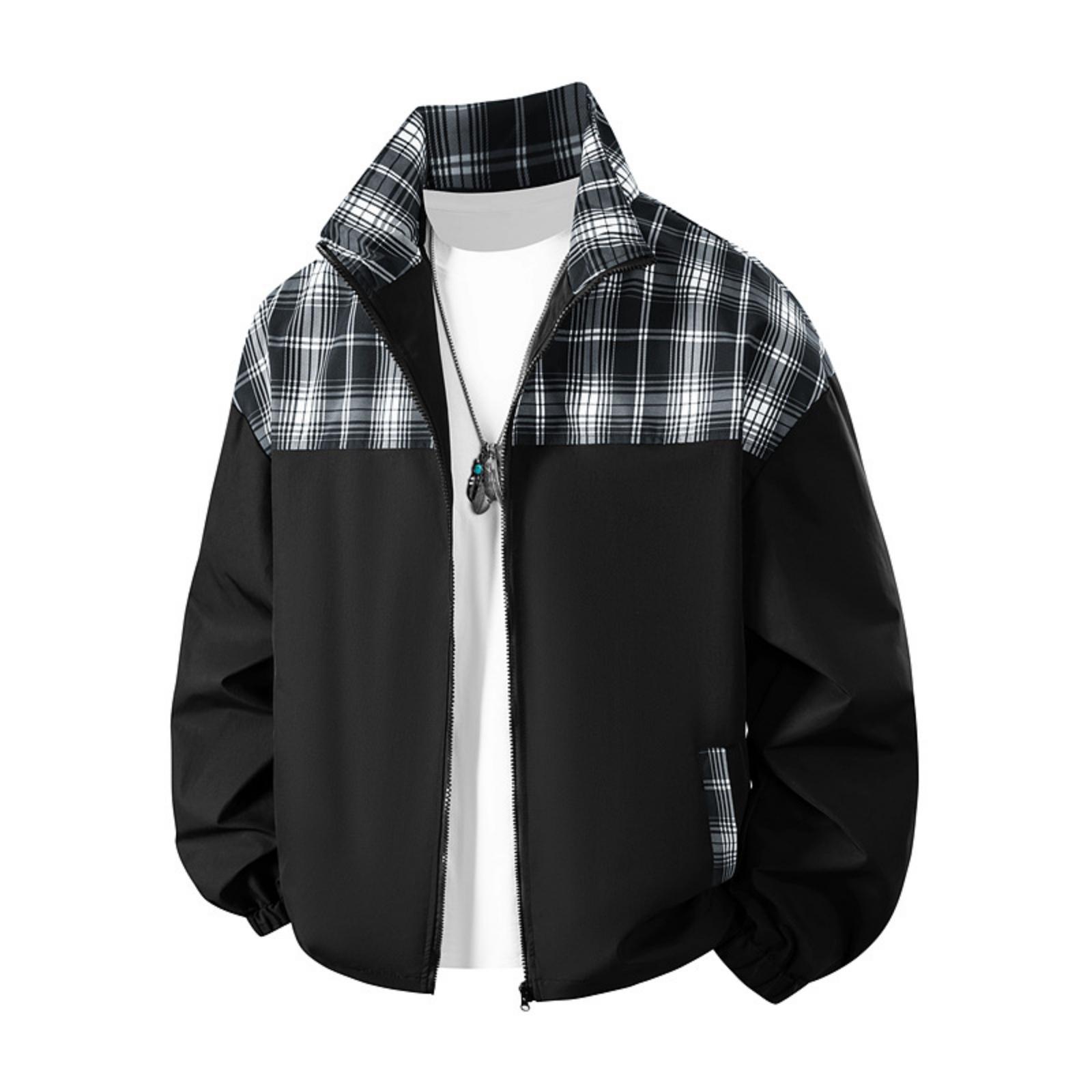

Men s Casual Color-blocked Two-sided Jacket, Men s Loose Patchwork Checkered Jacket XL чёрный