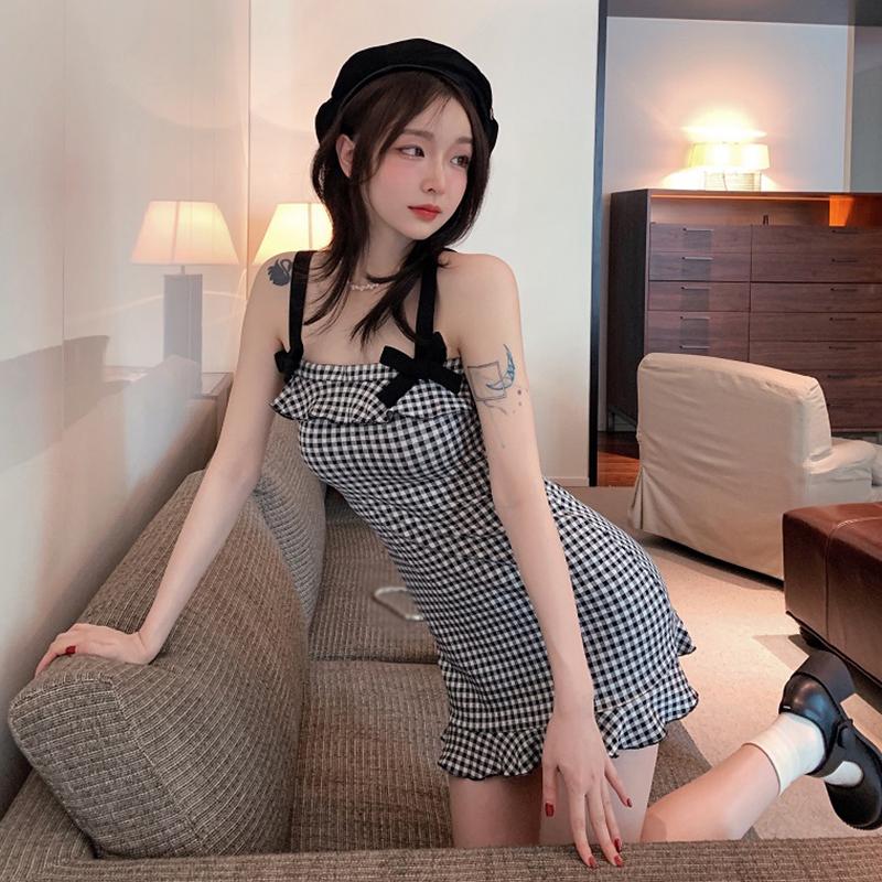 Dámské letní dámské šaty bez rukávů kostkované jednoduché závěsné šaty bez zad