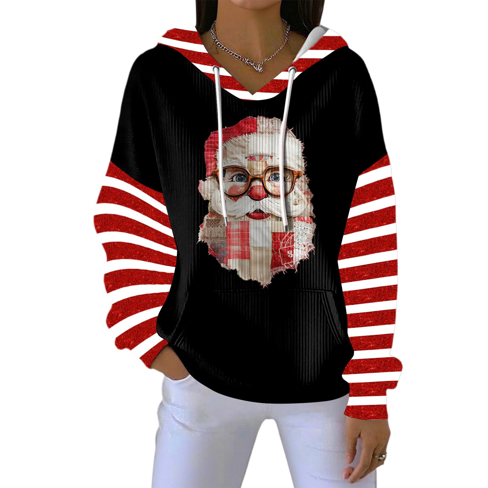 

Женское свободное и удобное худи с V-образным вырезом на кулиске и длинными рукавами с рождественским принтом M винный