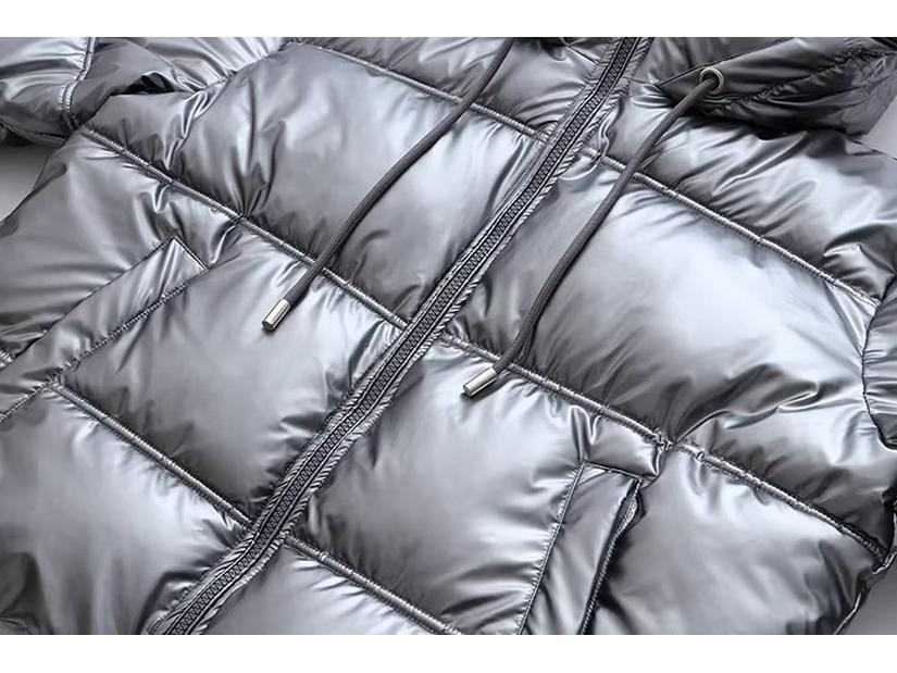 Women's 2023 Silver Satin Hooded Jacket - European & American Autumn/Winter Style