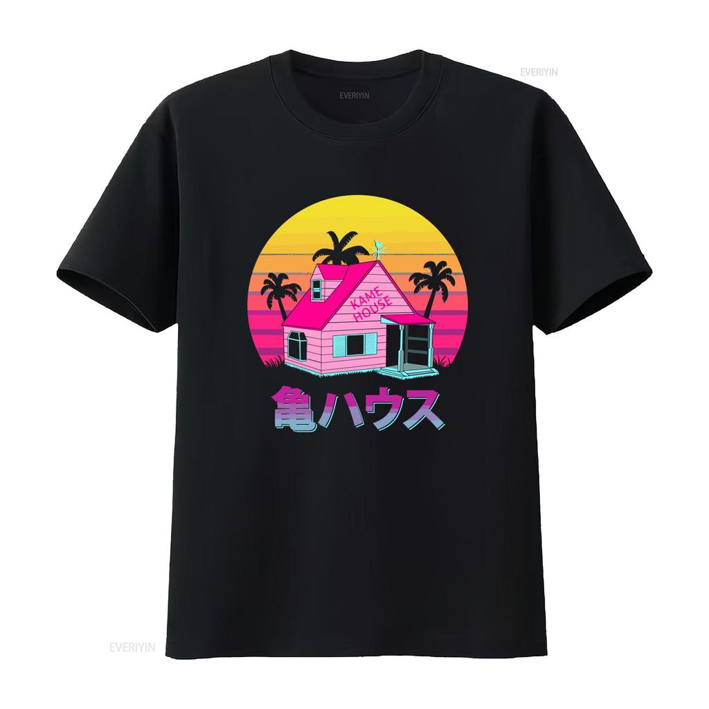 Kame House Sennin Funny Cartoon Mens Black T Shirt Retro Sunset Palms Design Size S to 5XL vintage Washed Soft fashion