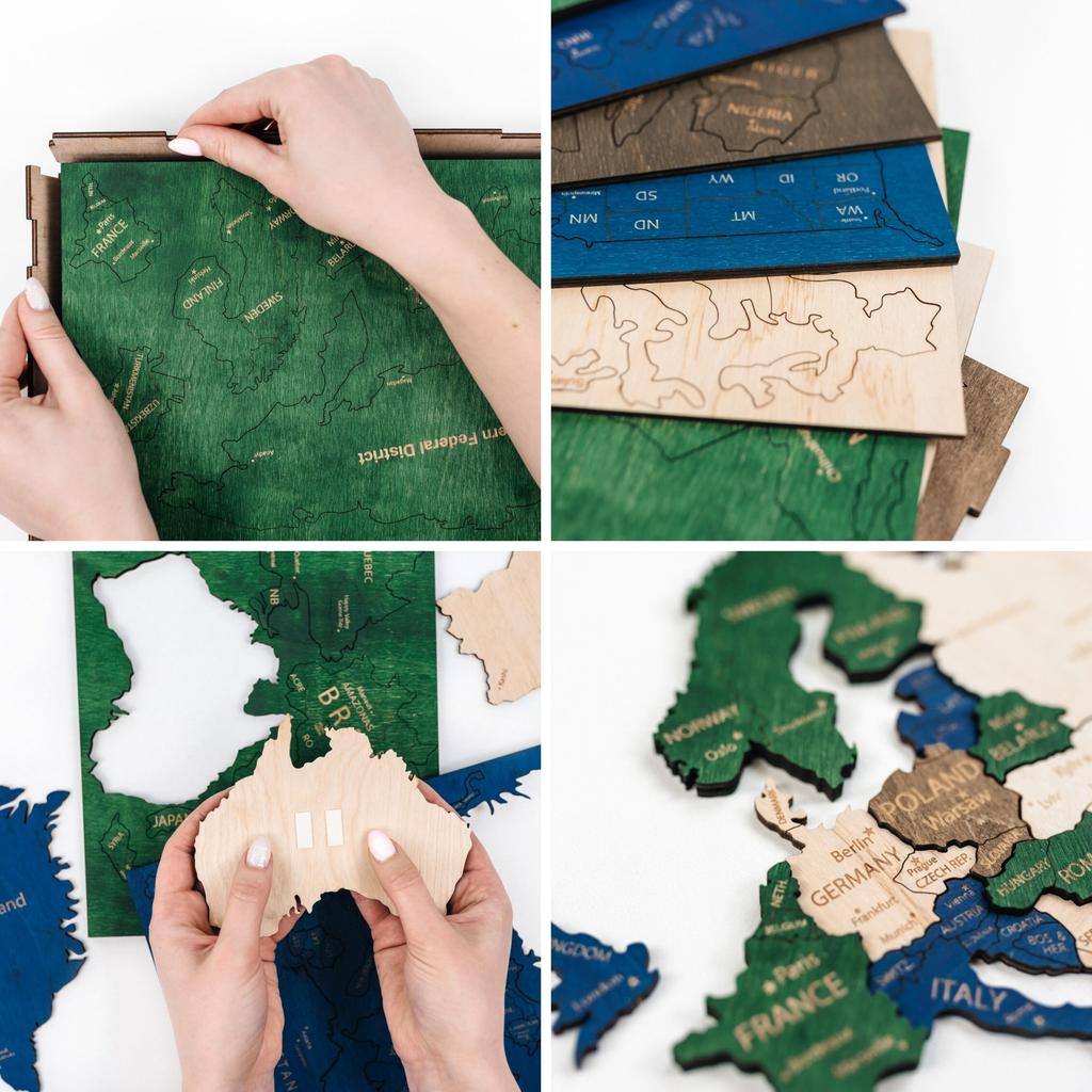3D Wooden World Map Multicolor 105cm with Cities Wall Decoration