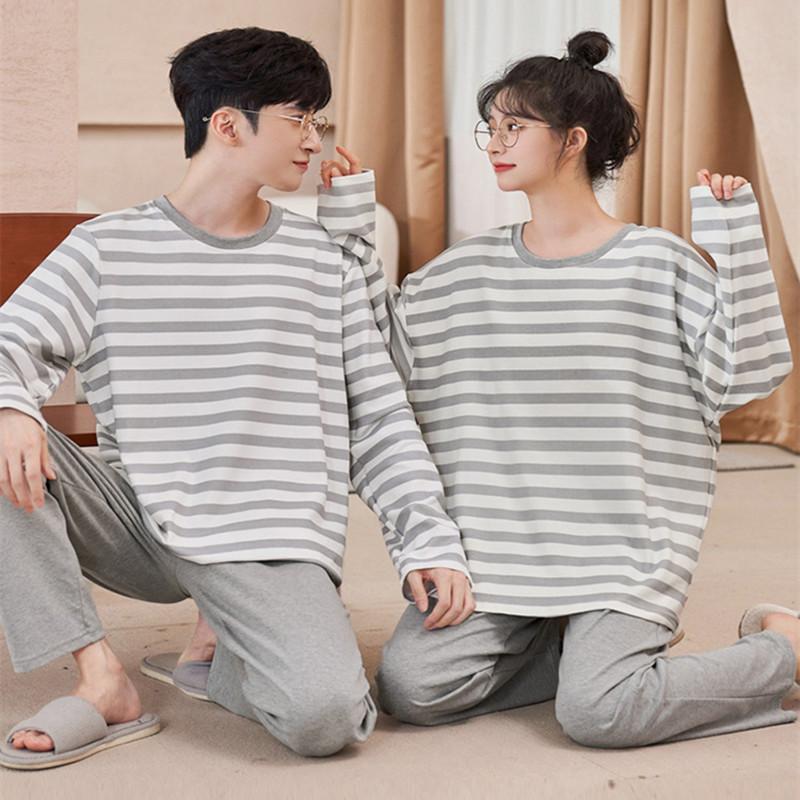 Paar Pyjama-Sets Damen Frühling Herbst Draußen Baumwolle Gestreift Langärmlig Homewear Herren Lässig Einfach Große Größe Loungewear