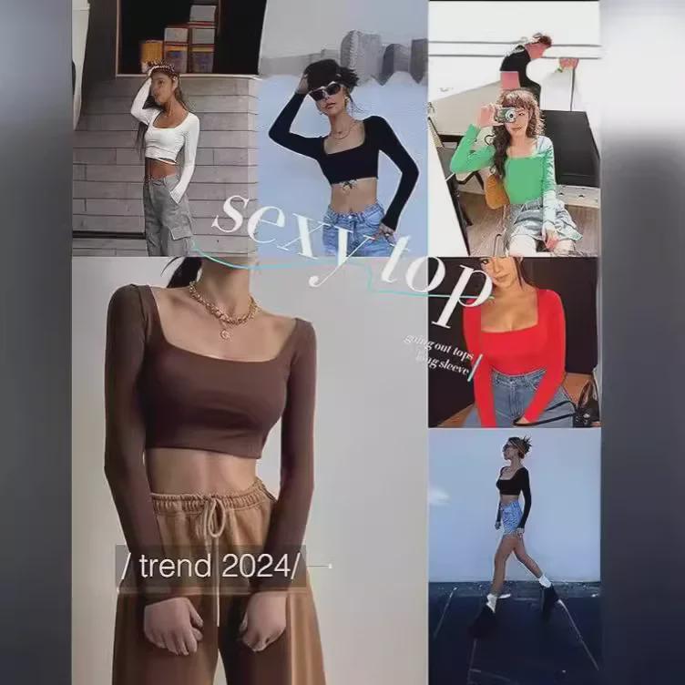 Women's Sexy Long-Sleeved Crop Top - Seamless Square Neck Fashion T-Shirt