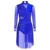 Women’s Glitter Rhinestone Lyrical Dance Dress Long Sleeve Ruched Backless One Piece Leotard for Modern Contemporary Recital