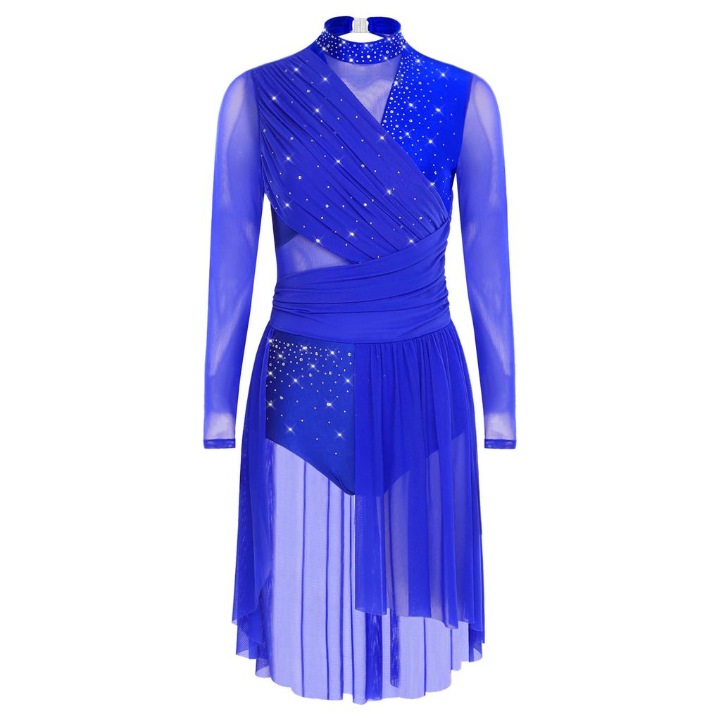 Women’s Glitter Rhinestone Lyrical Dance Dress Long Sleeve Ruched Backless One Piece Leotard for Modern Contemporary Recital