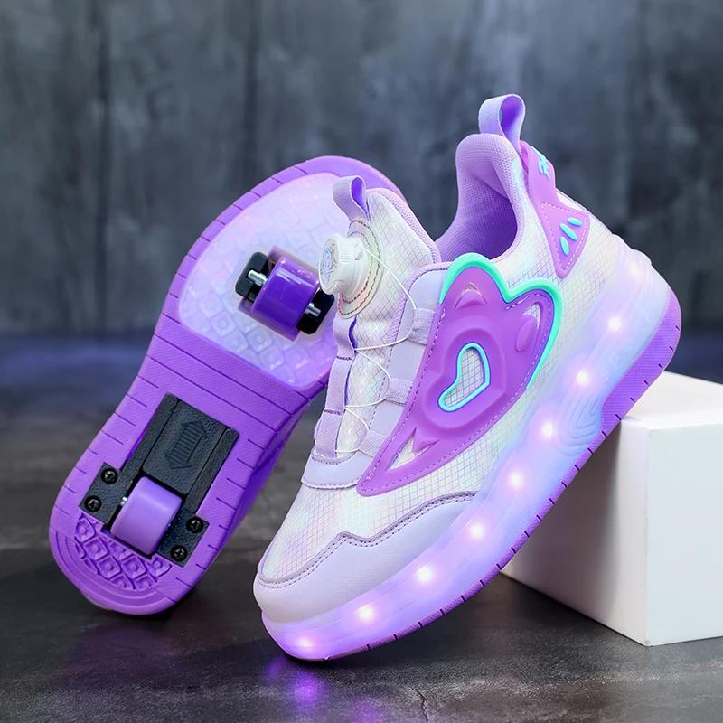 

Children Two Girls Wheels Luminous Glowing Sneakers Heels Pink Led Light Roller Skate Shoes Kids Led Shoes USB Charging Fashion 38 фиолетовый