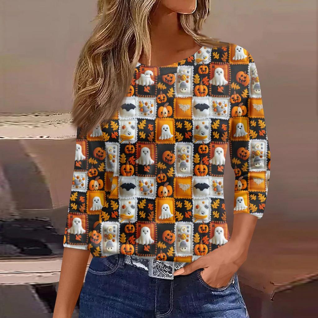Damska Moda Casual Rękaw Trzy Czwarte Nadruk Halloween Okrągły Dekolt Top