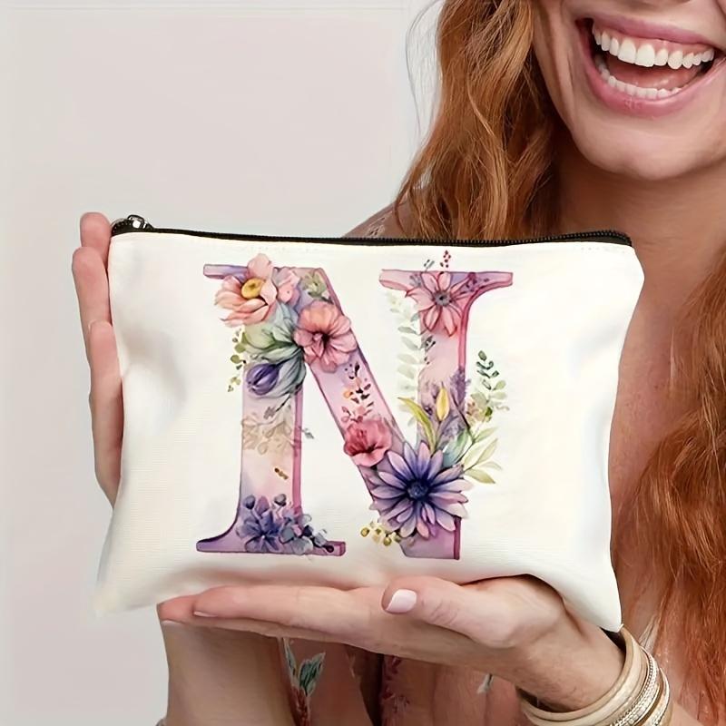 1pc Floral Alphabet Cosmetic Bag -Perfect For Travel, Weddings, And Bachelorette Parties For Bridesmaids And Maid Of Honor