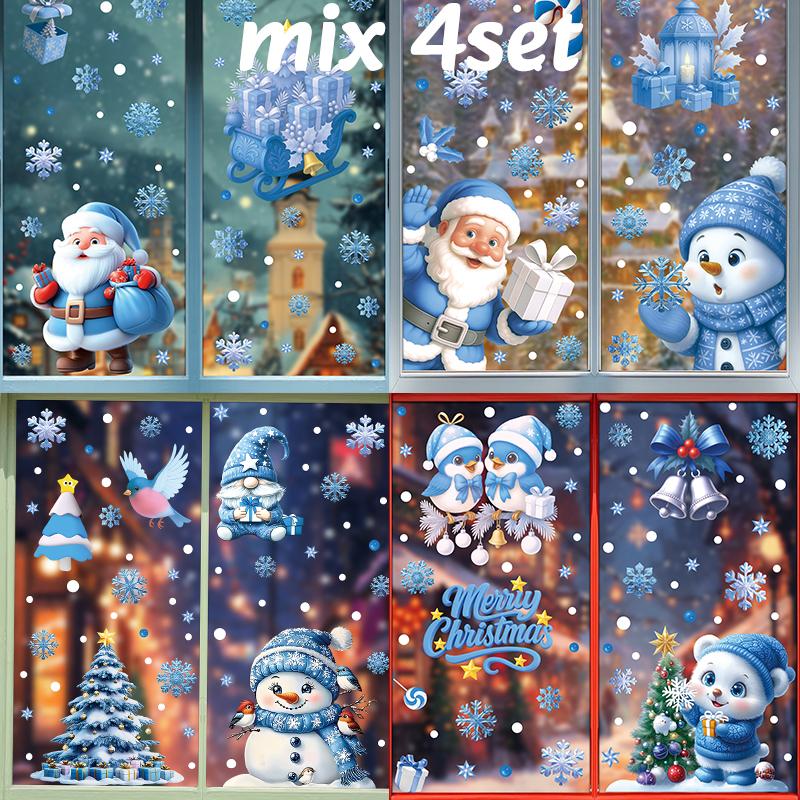 Christmas Window Stickers Static Electricity Stickers Snowman Santa Claus Snowflake Pattern Cartoon Home Holiday Party Decor