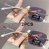 2PCS Unisex Luxury Photochromic Reading Glasses Fashion Rimless Color Changing Eyewear for Men Women Outdoor Anti-UV Presbyopia