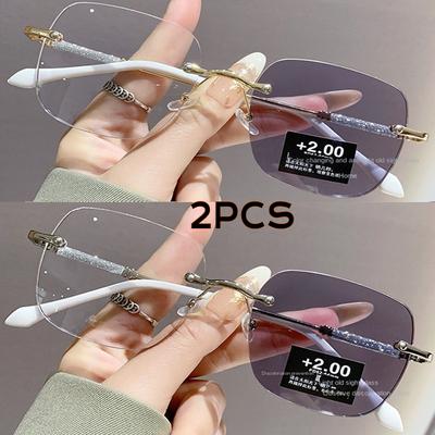 2PCS Unisex Luxury Photochromic Reading Glasses Fashion Rimless Color Changing Eyewear for Men Women Outdoor Anti-UV Presbyopia