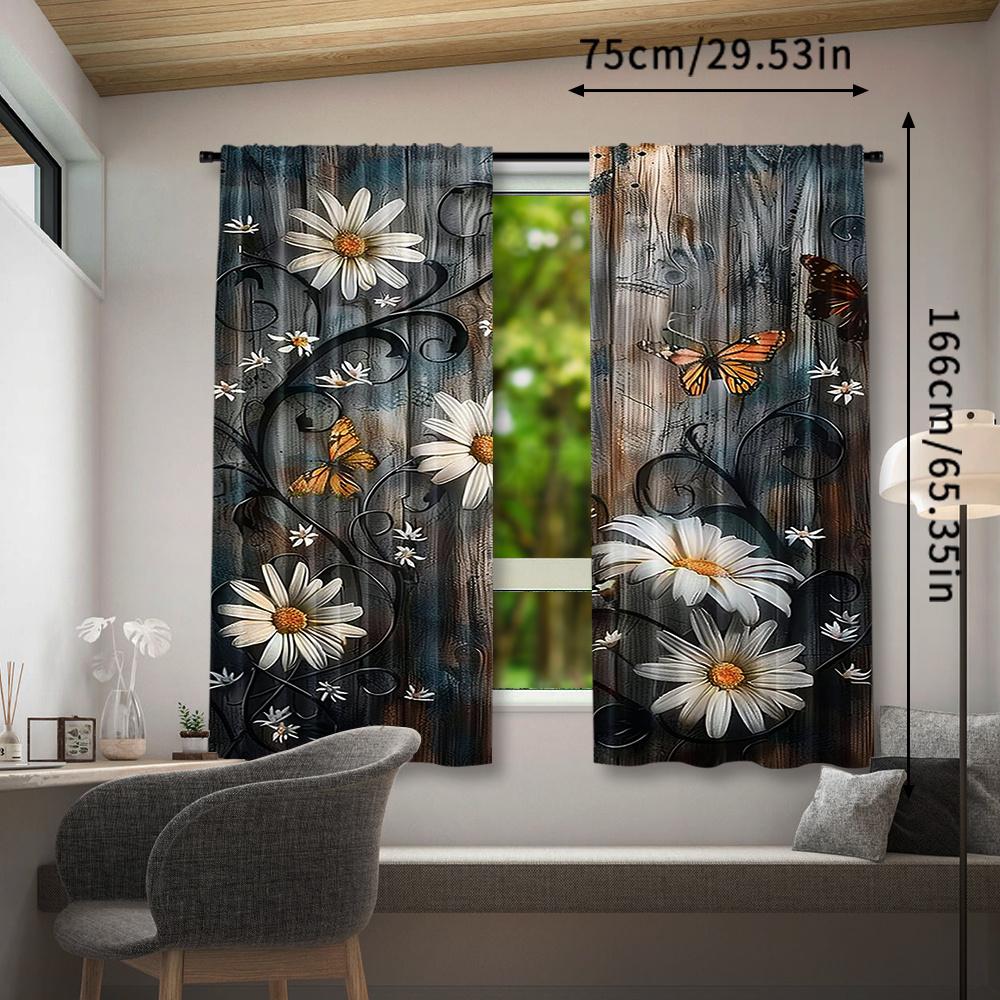 Set of 2   Butterfly Floral Curtains   Decorative Window Drapes with Wooden Door Design   Rod Pocket Style for Bedroom And Living R