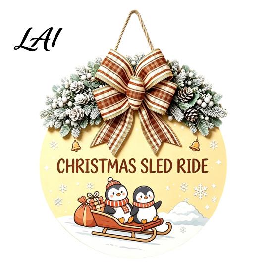 Seasonal Wall Art Christmas Wooden Welcome Sign for Front Door Round Hanging Ornament with Gift Artificial Pine Branches & Bow Decor Holiday