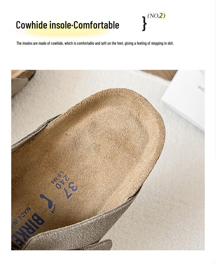 Boken 2024 Autumn Women's Genuine Leather Cork Mule Slippers: Closed-Toe Cow Suede, Flat Bottom, Outdoor Wear.