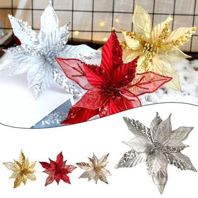 Christmas Poinsettia Glitter Flower Hanging Xmas Party Tree Decoration