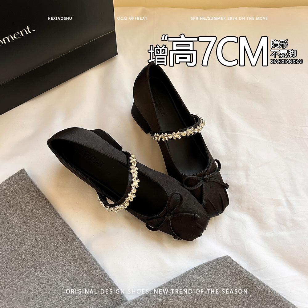 

Sheepskin version~ inner height increase 7cm rhinestone one-word belt women s shoes spring and autumn new bow ballet Mary Jane single shoes 34