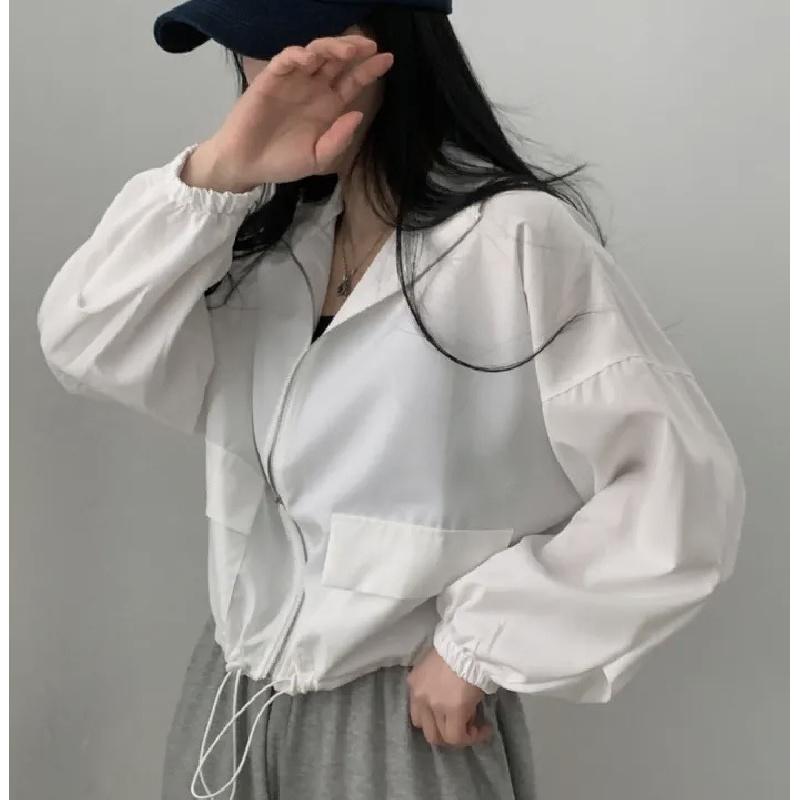 Vintage workwear drawstring short baseball jacket coat for women with a high-end, niche outerwear design