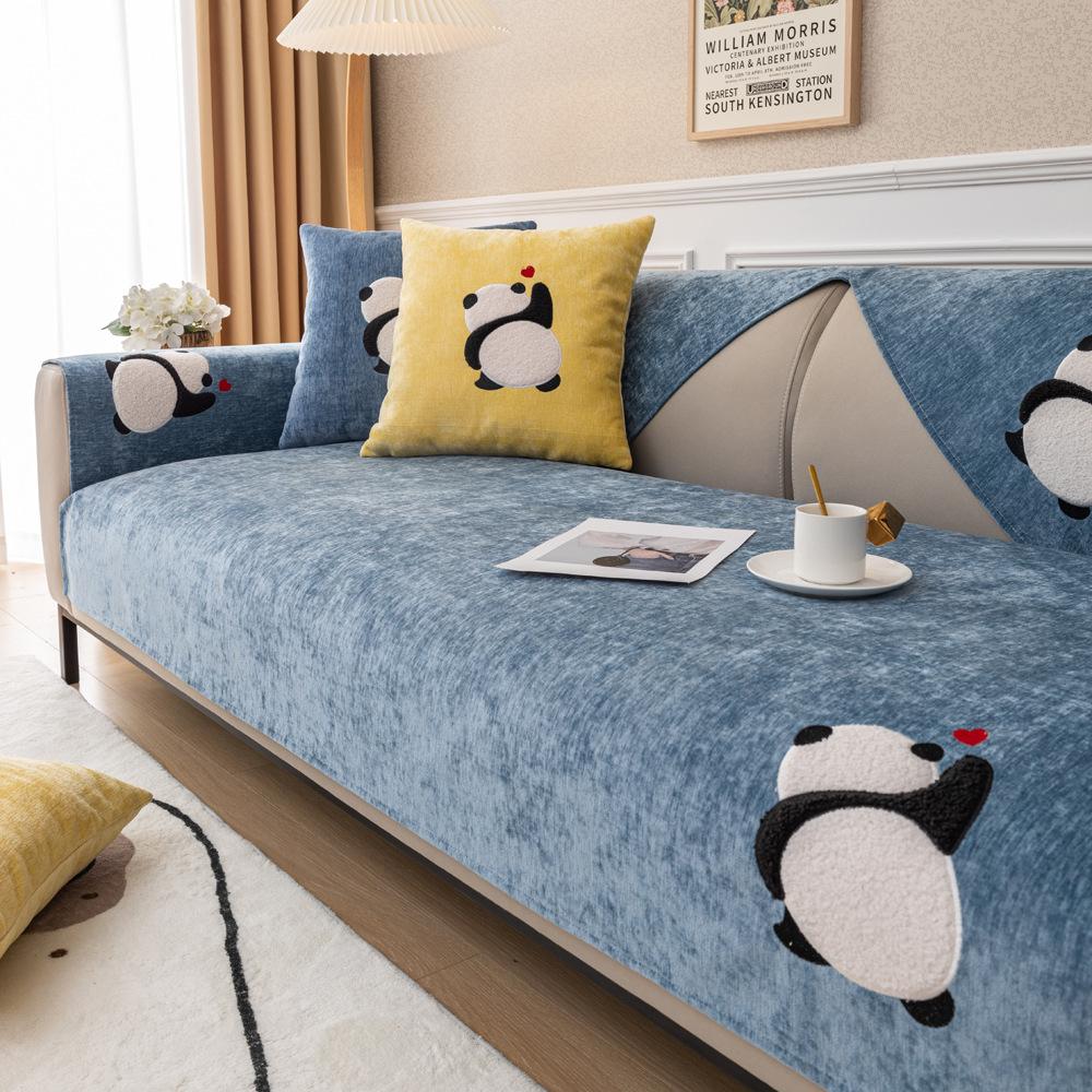 Luxuriöse Sofabezug Kissen Cartoon Panda L-Form Leder Couchbezug Vier Jahreszeiten Universal Rutschfest Rückenhandtuch für Wohnzimmer