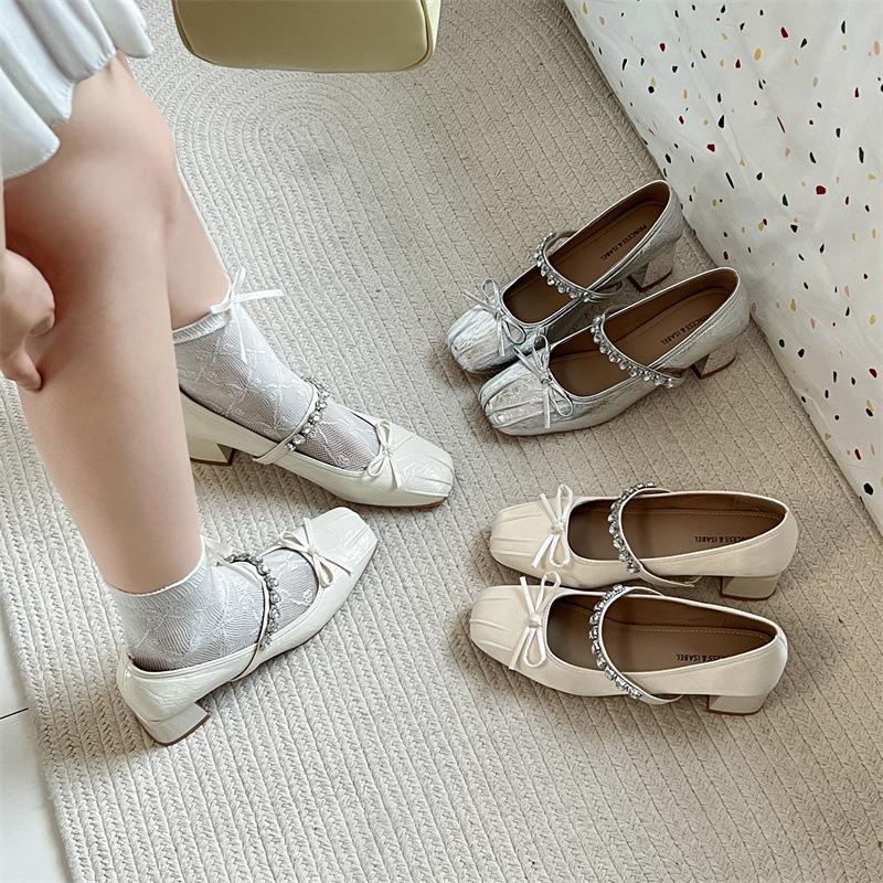 Rhinestone bow French Mary Jane single shoes women's 2025 spring and autumn new retro square head medium heel thick heel high heels