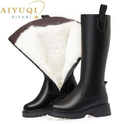 Damen Lange Stiefel Aus Echtem Leder Damen Schneestiefel Naturwolle Große Größe Winter Warme Ritterstiefel Damen