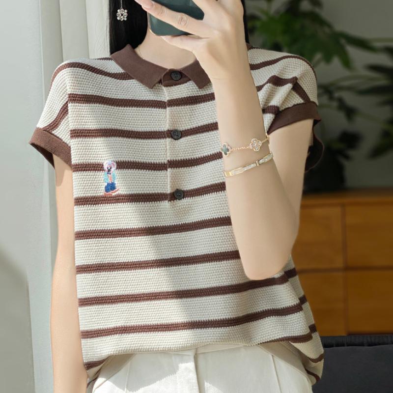 IHUASU Women's Summer Knitted Short Sleeve POLO Collar Collision Stripe T-Shirt Tencel Embroidery Short Sleeve Fashion Loose Top