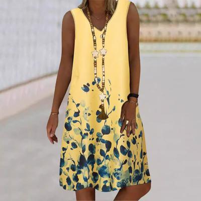 Vestito estivo da donna con colori sfumati, senza maniche, scollo a V, stampato, linea ad A, stile bohémien, quotidiano, per le vacanze, spiaggia, abito estivo, lunghezza al ginocchio, midi dress