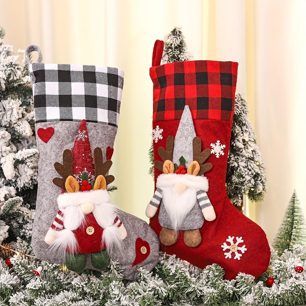 1pc Festive Christmas Stocking with Plaid Trim Cartoon Gnome Design, Perfect for Tree Fireplace Decorations