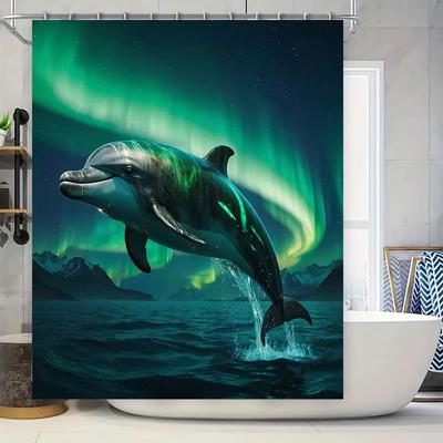 Vivid Dolphin Aurora Northern Lights Print Shower Curtain Modern Ocean Theme Bathroom Decor Waterproof Fabric Artistic Decoratio