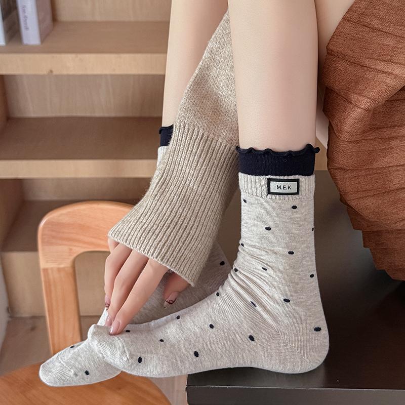 Women Cotton Long Socks Soft Breathable Cute Dots Frilly Edge Retro Preppy Style Comfortable Casual Fashion Socks For Everyday