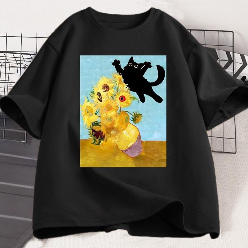 Vincent Van Gogh Cat Tshirt for Unisex Women Sunflowers Print Tshirt Funny Cute Cat Kitten T Shirt Cotton Short Sleeve Clothes