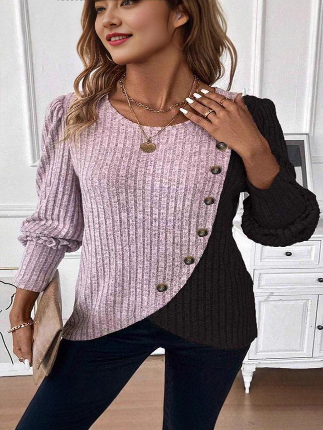 Women S Color Block Ribbed Knit Long Sleeve Round Neck T Shirt S