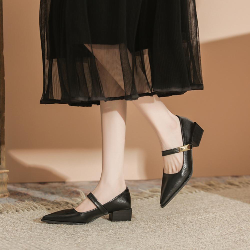 Sharp Pointed Pumps Women's Spring Autumn Thick Heeled Leather Shoes with A Mid Heel Shallow Mouth Versatile Short Pumps Women
