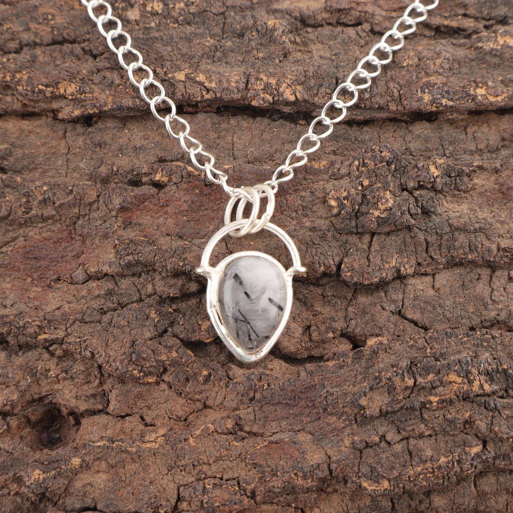 Pear Black Rutile Gemstone 925 Silver Sisters Gift Handmade Wedding Boho Pendant PP-56-25