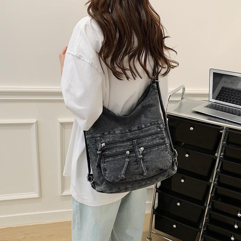 Hongkong-Stil Retro-Denim-Tasche Damen Neu Trendig Vielseitig Große Kapazität Rucksack Pendler Schulter-Tragetasche
