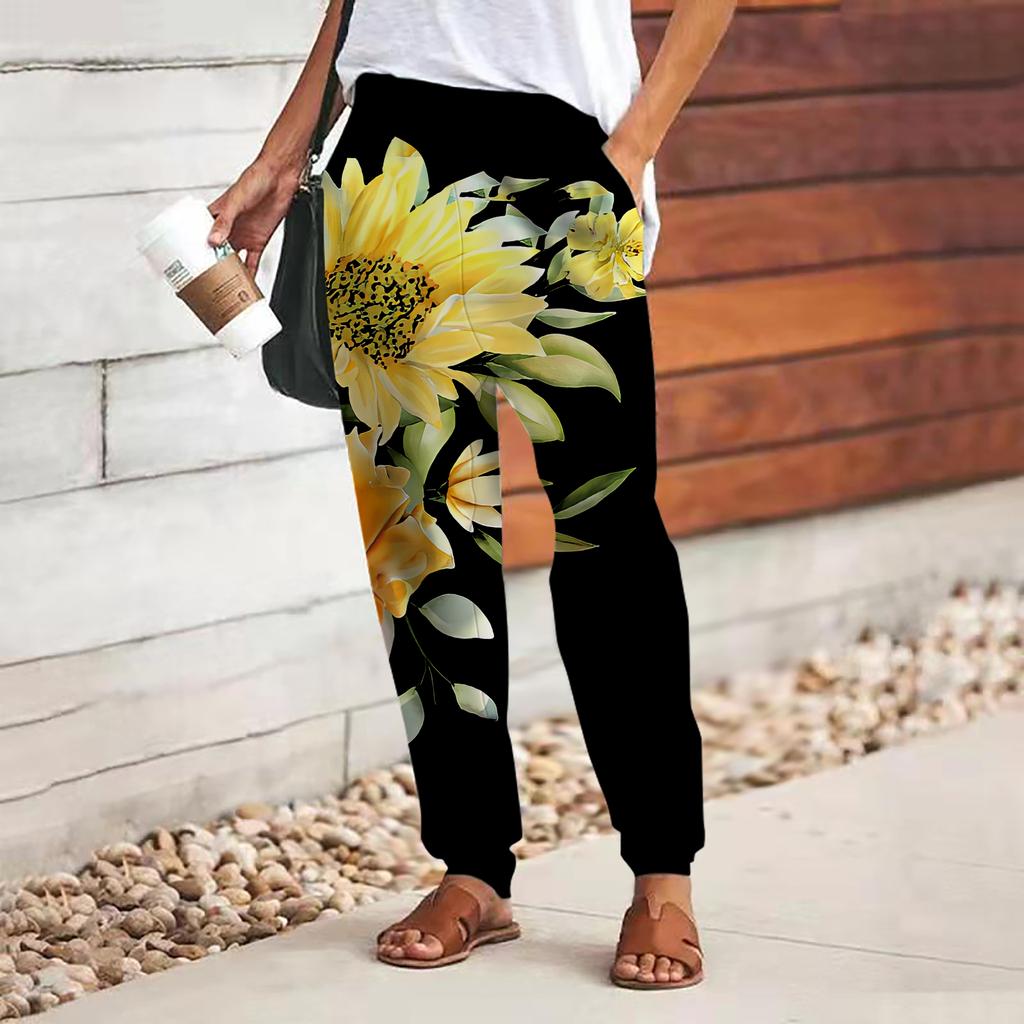 Women 3D Blue Bamboo Leaves Print Pants Lace Up Elastic Waist Loose Trousers Casual Long Pants Trousers with Pockets