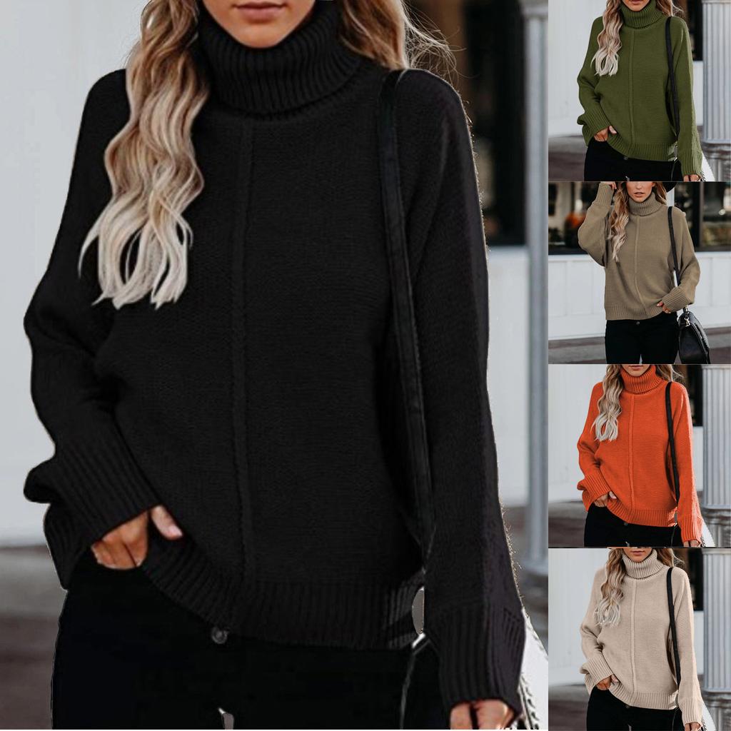 Women's  And Winter Loose Solid Color Stitching Long Sleeved Turtleneck  Knit Sweater Top
