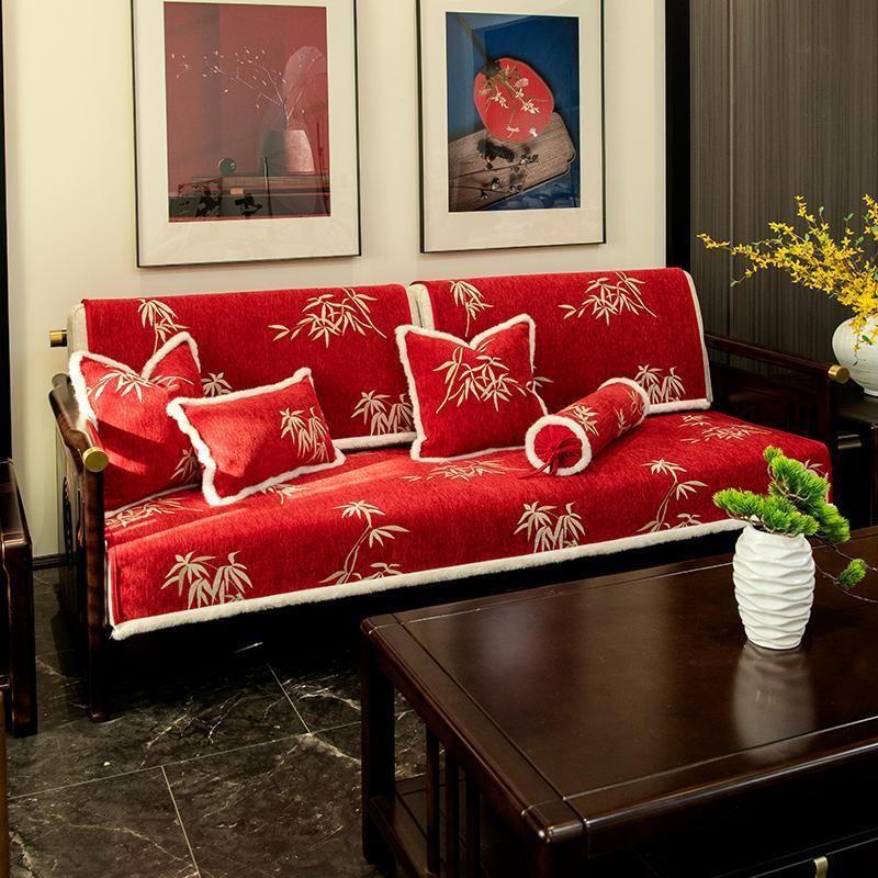 New Chinese Sofa Cushion, New  National Tide Red High-End Solid Wood Sofa Cover, Universal Non-Slip Seat Cushion In All Seasons
