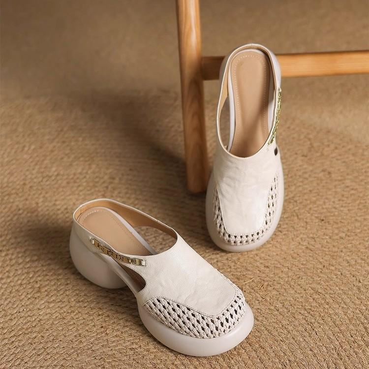 Baotou thick-bottomed sandals soft leather hollowed-out semi-tows new summer woven mesh high-heeled slippers women