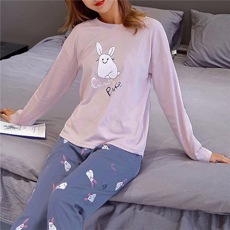 Herbst Dünne 2 stück Pyjamas Set Frauen Baumwolle Rundhals Mädchen Bär Pyjamas Sets Teetasse Katze Volle Nachtwäsche Tops Pyjama