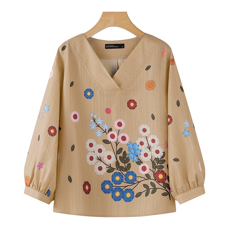 ZANZEA Women Casual V-Neck 3/4 Sleeve Loose Floral Print Blouse